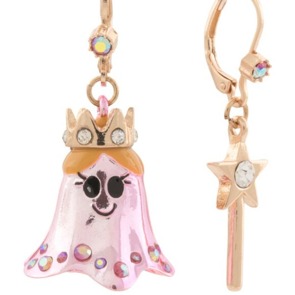NWT $45 BETSEY JOHNSON Crystal Ghost Princess Mismatch Earrings Pink Halloween - Picture 1 of 3